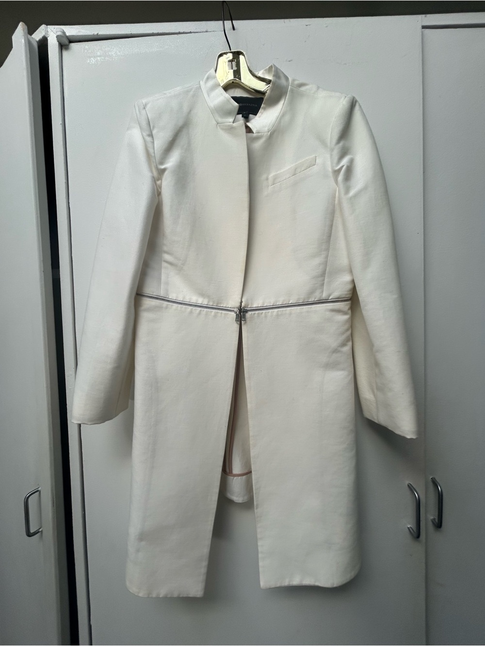 BCBGMaxAzria Cream Long Collarless Coat Jacket
